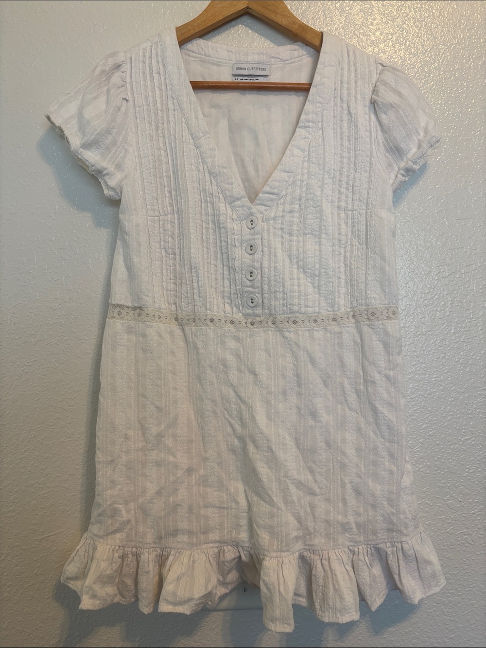 Urban Outfitters White Cotton Pintuck Ruffle Dress